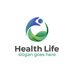 wellness center logo template, healthy life human with leaf logo design