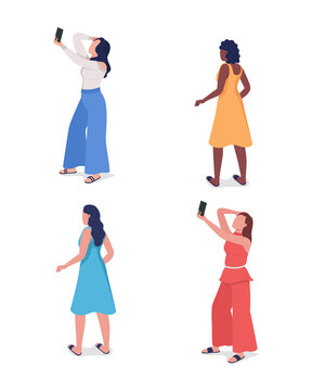 Girl posing for photo semi flat color vector character set. Standing figure. Full body people on white. Women isolated modern cartoon style illustration for graphic design and animation collection