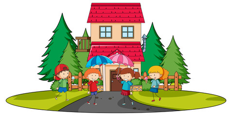 Front view of mini house with many kids on white background