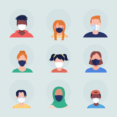 Disposable medical masks semi flat color vector character avatar set. Portrait with respirator from front view. Isolated modern cartoon style illustration for graphic design and animation pack
