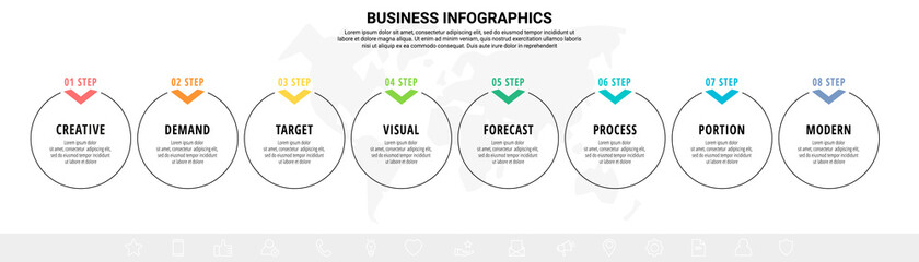 Vector line infographics template for eight arrows and circles. Business concept with 8 elements and icons. Modern blank space for chart, content, step for step, timeline, diagram, web