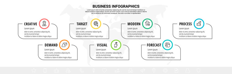 Business vector infographics with seven line circles and labels. Timeline visualization with 7 steps for diagram, flowchart, banner, presentations, web, content, levels, chart, graph