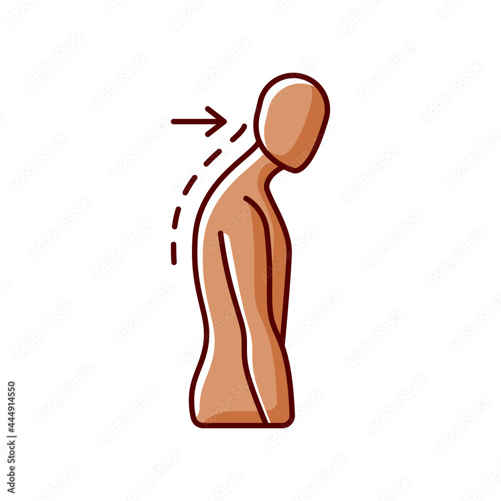 Sticker Slouching RGB color icon. Poor posture. Forward head. Body looking down. Walking incorrectly. Muscles in neck, back and shoulders disruption. Pressure on bones. Isolated vector illustration