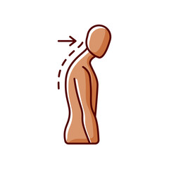 Slouching RGB color icon. Poor posture. Forward head. Body looking down. Walking incorrectly. Muscles in neck, back and shoulders disruption. Pressure on bones. Isolated vector illustration