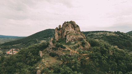 Fototapeta na wymiar Aerial views of the castle ruins in the village Hajnacka in Slovakia