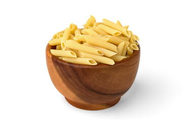 Pasta in wooden bowl isolated on white background.