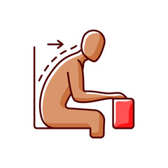 Forward tilted sitting position RGB color icon. Rounded shoulders and hunched stance. Slouched position at desk. Neck and back pain. Keeping spine misaligned. Isolated vector illustration