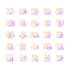 Online surveillance and censorship gradient linear vector icons set. Securing accounts. Targeting advertisement. Thin line contour symbols bundle. Isolated vector outline illustrations collection