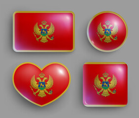 Set of glossy button with Montenegro country flag. South Europe country national flag shiny badges of geometric shapes. Montenegro symbols in patriotic colors realistic vector illustration