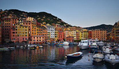 view of the characteristic colored houses in Camogli overlooking the sea