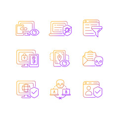 Internet surveillance gradient linear vector icons set. Cross-device tracking. Multi-factor authentication. Thin line contour symbols bundle. Isolated vector outline illustrations collection