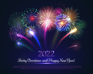 Happy New Year card with multi colored fireworks. 2022 Merry Christmas holiday banner with congratulatory quote. Festive banner, invitation, calendar, poster design vector illustration
