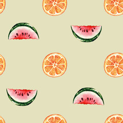 Seamless pattern of summer fruit oranges and watermelon.