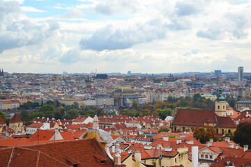 Scenic view of Prague city. Vysehrad overlooking red roofs, Czech Republic