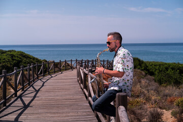Musician playing saxophone outdoors
