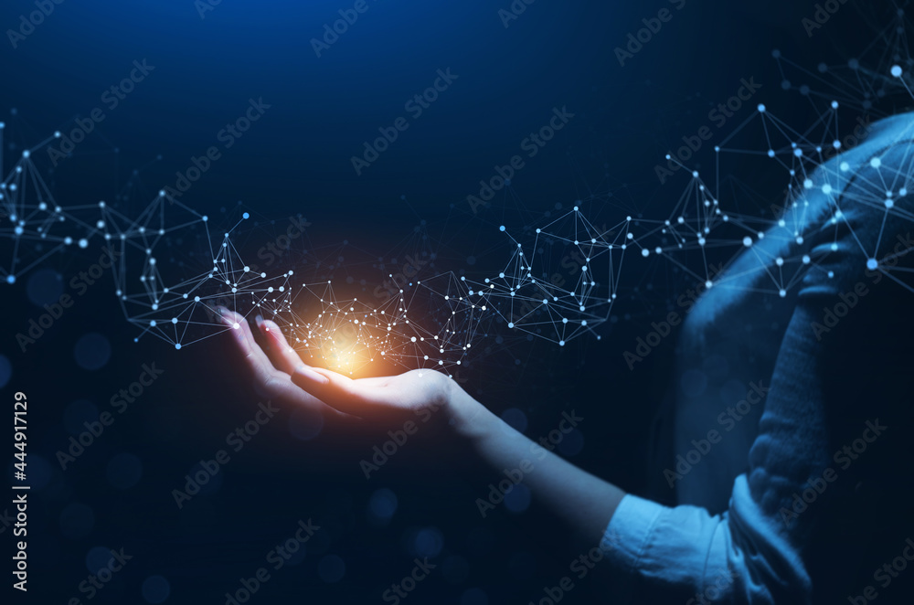 Poster woman hand holding global network connection. internet communication, wireless connection technology