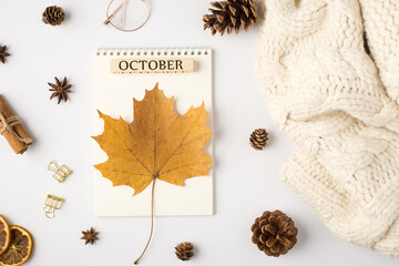 Top view photo of white sweater yellow autumn maple leaf on planner with inscription october pine cones dried lemon slices cinnamon sticks golden binder clips and glasses on isolated white background