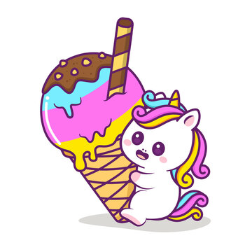 cute happy unicorn playing in the ice cream
