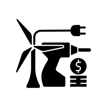Energy equipment installation price black glyph icon. Windmill repair and maintenance expense. Industrial production. Energy purchase. Silhouette symbol on white space. Vector isolated illustration
