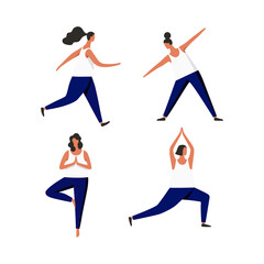 Set of illustrations of sportswomen. Sports and healthy lifestyle concept. Running, yoga, fitness. Vector.