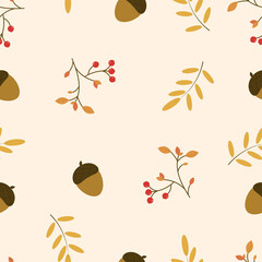 Obraz na płótnie Canvas Autumn seamless pattern with rowan, acorn and leaf