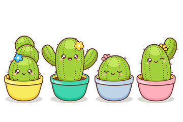 cute different expression cactus in colorful pot