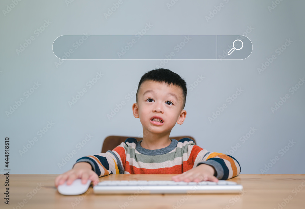 Leinwandbilder smart kids, Data Search Technology Search Engine Optimization. Cute Boy hands are using a mouse and computer keyboard to Searching for information. Using Search Console with your website..