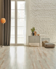 Decorative room wall brick style white background, curtain, cabinet and lamp.