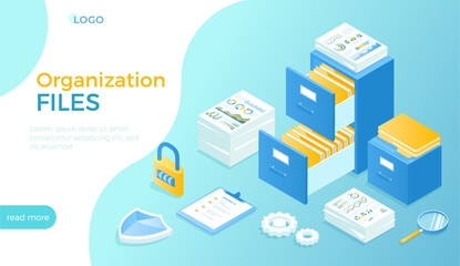 File organization service. Document archiving concept. Organized data storage system. Drawers with folders and documents. Isometric vector illustration for website.