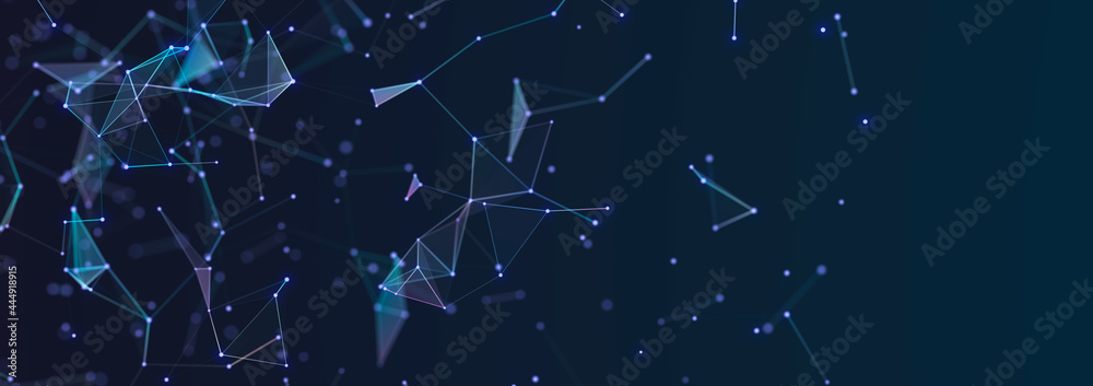 Poster structure of connected lines and dots. wireframe polygonal elements on a dark background. science an