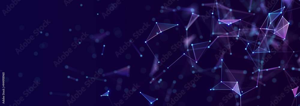 Poster structure of connected lines and dots. wireframe polygonal elements on a dark background. science an