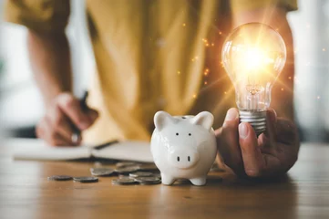 Foto op Plexiglas saving energy and money concept. idea for save or investment. businessman holding lightbulb beside piggy bank and coins stacking on desk with note book. © Looker_Studio