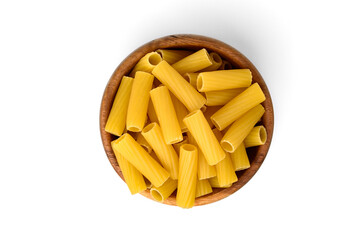 Pasta in wooden bowl isolated on white background.
