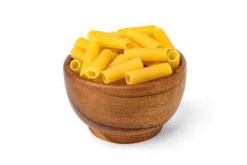 Pasta in wooden bowl isolated on white background.
