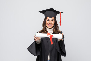 happy graduate woman holding diploma isolated on white background