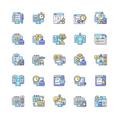 Work monitoring RGB color icons set. Employee performance control. Productivity for collaborative tasks. Isolated vector illustrations. Business simple filled line drawings collection