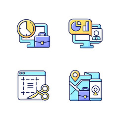 Remote work monitoring RGB color icons set. Online presentation with marketing strategy. Employee tracker. Isolated vector illustrations. Work monitoring tools simple filled line drawings collection