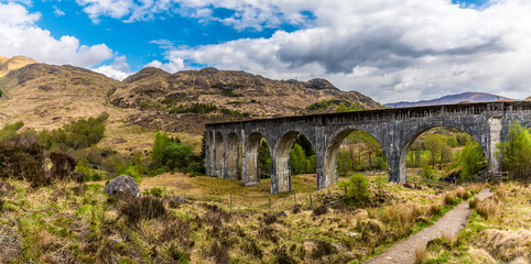 A panorama view from the north side of the viaduct at Glenfinnan, Scotland on a summers day