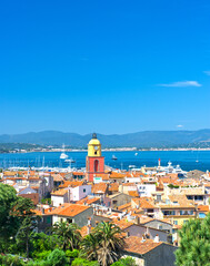 Beautiful view of Saint-Tropez with seascape and blue sky