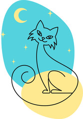 Vector linear sitting cat in the night with moon and stars . Line art sketch, flat design for card, poster, invitation, t-shirt print
