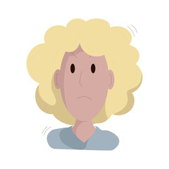 strict young woman with an oval face and yellow hair in a gray sweater