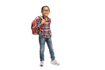 Happy Asian child girl and carry backpack, isolate on white background.