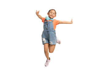 Funny asian child girl jumping isolate on white background.