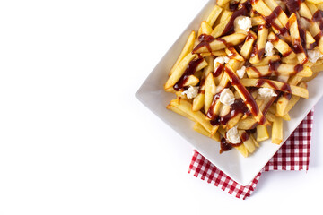 Traditional Canadian Poutine isolated on white background. Top view. Copy space