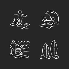 Surfboarding chalk white icons set on dark background. Crumbly waves surfing. Flight maneuver. Taking surf classes. Choosing surfboard size. Isolated vector chalkboard illustrations on black