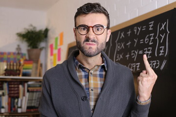 Angry math teacher showing middle finger