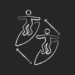 Keeping distance between surfers chalk white icon on dark background. Preventing injuries. Avoid contact with other surfer board. Surfing etiquette. Isolated vector chalkboard illustration on black