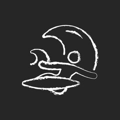 Backhand bottom turn in surfing chalk white icon on dark background. Performing fundamental manoeuvre. Surfer back facing wave. Backside turn. Isolated vector chalkboard illustration on black