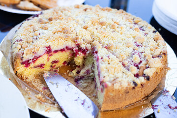 Fototapeta premium Wiosenne ciasto z owocami i kruszonką w ogrodzie