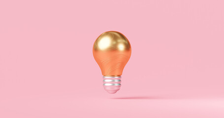 Abstract gold idea light bulb and innovation creative concept on inspiration pink background with success invention of electric lamp design. 3D rendering.